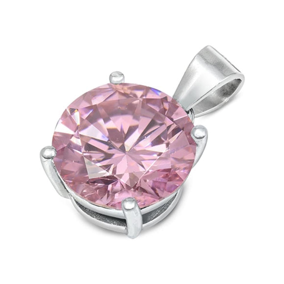 Solitaire Chic Circle Pendant Pink Simulated CZ .925 Sterling Silver Plain Charm