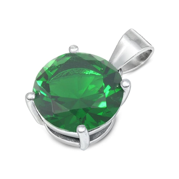 Solitaire Elegant Circle Pendant Simulated Emerald .925 Sterling Silver Charm