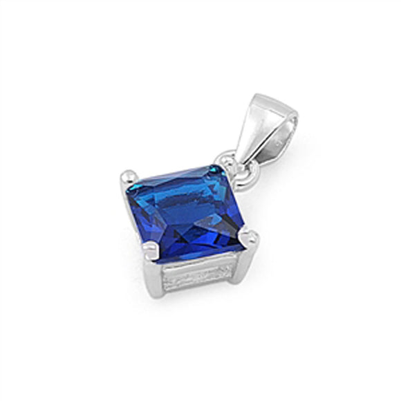 Sterling Silver Solitaire Basic Square Pendant Blue Simulated Sapphire Charm