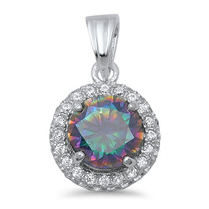Classic Round Halo Pendant Rainbow Simulated Topaz .925 Sterling Silver Charm