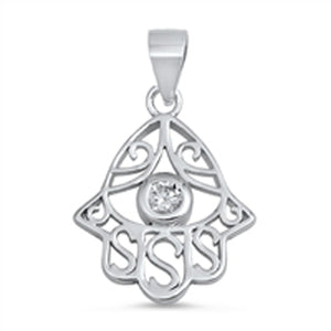 Sterling Silver Hand of God Elegant Cutout Hamsa Pendant Clear Simulated CZ