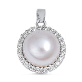 Sterling Silver Classic Circle Pendant Simulated Pearl Clear Simulated CZ Charm