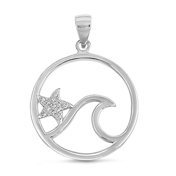 Sterling Silver Ocean Wave Pendant High Polish Studded Star Beach Endless Charm