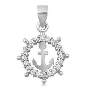 Sterling Silver Clear CZ Captains Wheel Pendant Anchor High Polish Elegant Charm