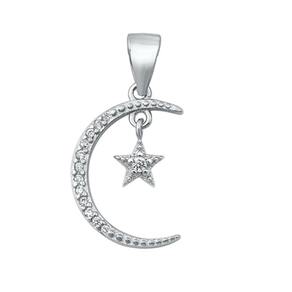 Sterling Silver Clear CZ Crescent Moon Pendant Dangling Star Mystic Charm 925