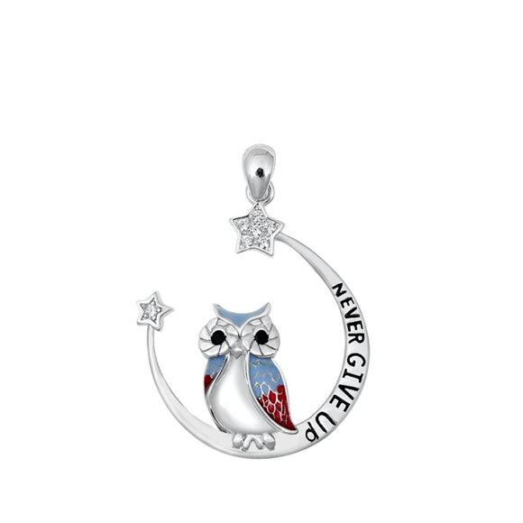 Sterling Silver Crescent Moon Owl Pendant Never Give Up Text Clear CZ Star Charm