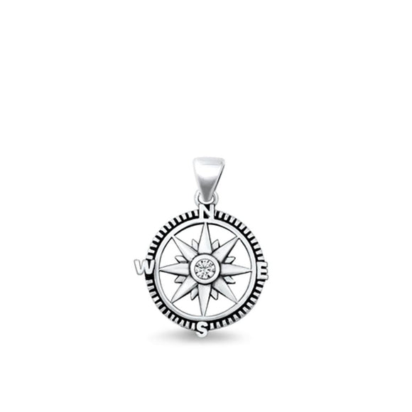 Sterling Silver Polished Clear CZ Compass Pendant Oxidized Polestar Charm 925