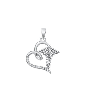 Sterling Silver Classic Clear CZ Heart Caduceus Pendant Doctor Nurse Charm 925