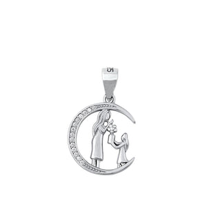 Sterling Silver Mother Daughter Pendant Crescent Moon Clear CZ Charm 925 New