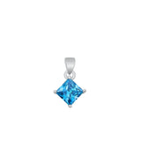 Sterling Silver Fashion Blue Topaz CZ Solitaire Pendant Princess Cut Charm 925