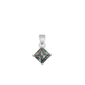 Sterling Silver Cute Rainbow Topaz CZ Solitaire Pendant Princess Cut Charm 925