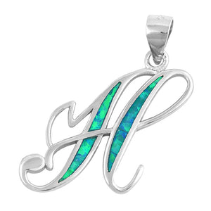 Sterling Silver Blue Synthetic Opal Monogram Letter H Pendant Script Swirl Charm
