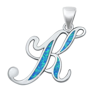 Sterling Silver Beautiful Blue Synthetic Opal Initial "K" Pendant Script Charm