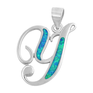 Sterling Silver Beautiful Initial Y Blue Synthetic Opal Pendant Charm 925 New