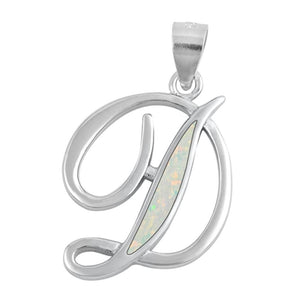 Sterling Silver Beautiful White Synthetic Opal Initial "D" Pendant Script Charm