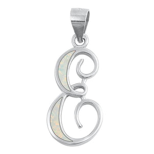 Sterling Silver Polished White Synthetic Opal "E" Initial Pendant Script Charm