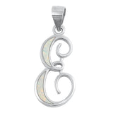 Sterling Silver Polished White Synthetic Opal "E" Initial Pendant Script Charm