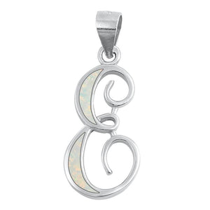 Sterling Silver Polished White Synthetic Opal "E" Initial Pendant Script Charm