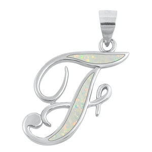 Sterling Silver Polished White Synthetic Opal Initial "F" Pendant Script Charm