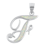 Sterling Silver Polished White Synthetic Opal Initial "F" Pendant Script Charm