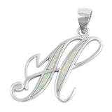 Sterling Silver Polished White Synthetic Opal Initial "H" Pendant Script Charm