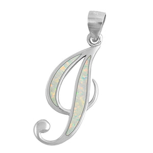 Sterling Silver Unique White Synthetic Opal Initial "I" Pendant Script Charm 925