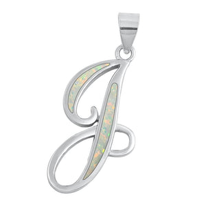 Sterling Silver Fashion White Synthetic Opal Initial "J" Pendant Script Charm