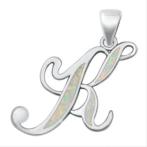 Sterling Silver Classic White Synthetic Opal "K" Initial Pendant Script Charm