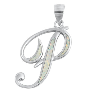 Sterling Silver Cute White Synthetic Opal Initial "P" Pendant Script Charm 925