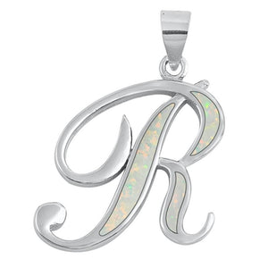 Sterling Silver Fashion White Synthetic Opal "R" Initial Pendant Script Charm