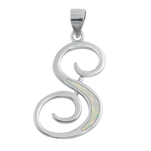 Sterling Silver Unique White Synthetic Opal Initial "S" Pendant Script Charm 925