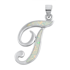 Sterling Silver Beautiful White Synthetic Opal Initial "T" Pendant Script Charm