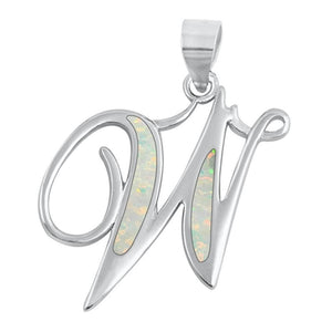 Sterling Silver Classic White Synthetic Opal Initial "W" Pendant Script Charm