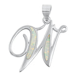 Sterling Silver Classic White Synthetic Opal Initial "W" Pendant Script Charm