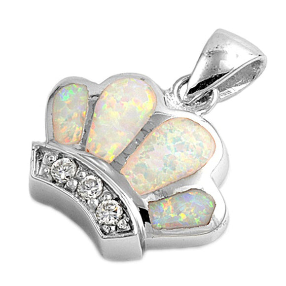 Scalloped Royal Crown Pendant White Simulated Opal .925 Sterling Silver Charm