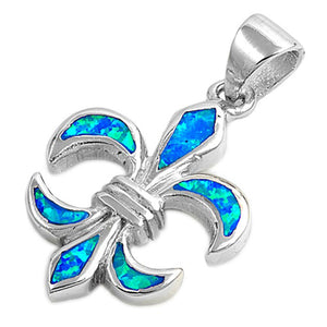 Lily Elegant Fleur De Lis Pendant Blue Simulated Opal .925 Sterling Silver Charm