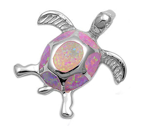 Ocean Cute Mosaic Turtle Pendant Pink Simulated Opal .925 Sterling Silver Charm