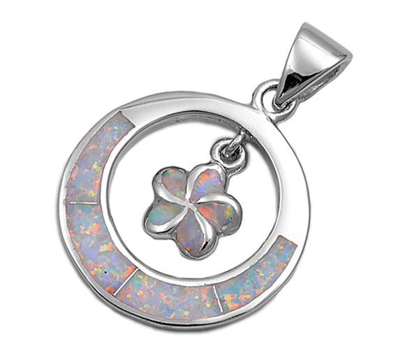 Sterling Silver Circle Plumeria Dangle Hoop Pendant White Simulated Opal Charm