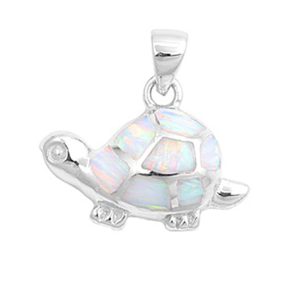Cute Little Turtle Pendant White Simulated Opal .925 Sterling Silver Pet Charm