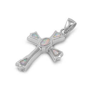 Sterling Silver Traditional Pointed Cross Pendant White Simulated Opal Charm