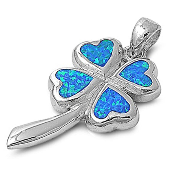 Heart Four Leaf Clover Pendant Blue Simulated Opal .925 Sterling Silver Charm