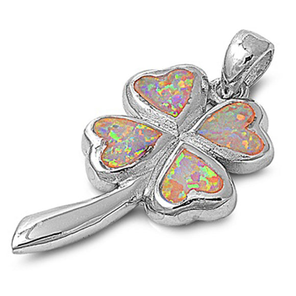 Heart Four Leaf Clover Pendant White Simulated Opal .925 Sterling Silver Charm