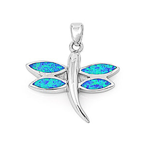 Cute Simple Dragonfly Pendant Blue Simulated Opal .925 Sterling Silver Charm