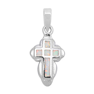 Elegant Round Edge Cross Pendant White Simulated Opal .925 Sterling Silver Charm