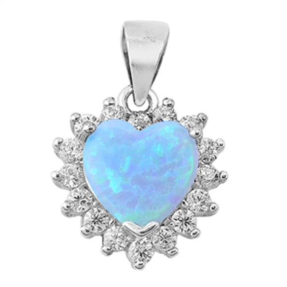 Halo Tiny Promise Heart Pendant Blue Simulated Opal .925 Sterling Silver Charm