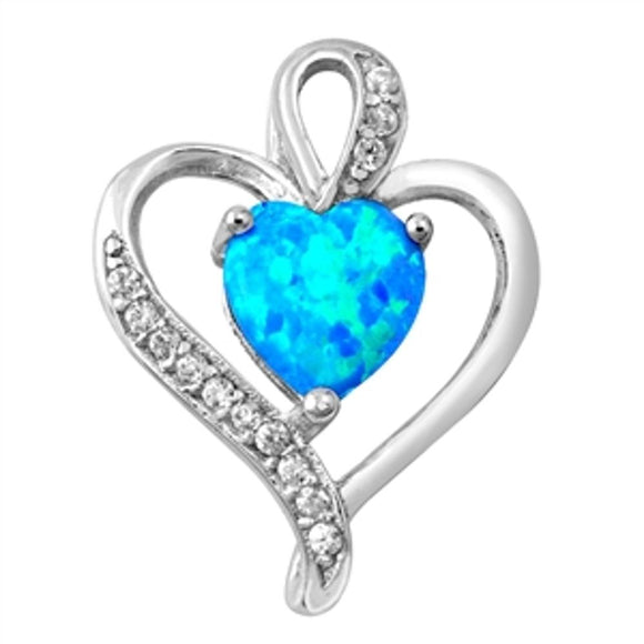 Sterling Silver Blue Synthetic Opal Heart Pendant Love Promise Ribbon Knot Charm