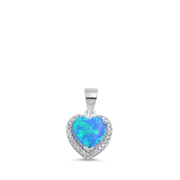 Halo Tiny Studded Heart Pendant Blue Simulated Opal .925 Sterling Silver Charm