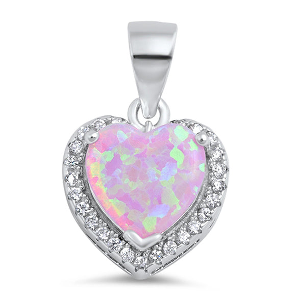 Studded Promise Heart Pendant Pink Simulated Opal .925 Sterling Silver Charm