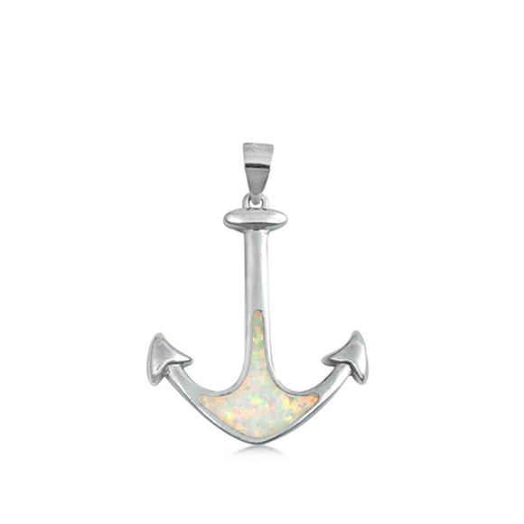 Sterling Silver White Synthetic Opal Anchor Pendant High Polish Sailor Charm 925