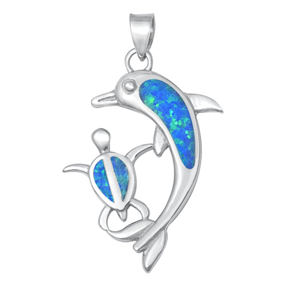 Sterling Silver Blue Synthetic Opal Dolphin Turtle Pendant Beach Tropical Charm